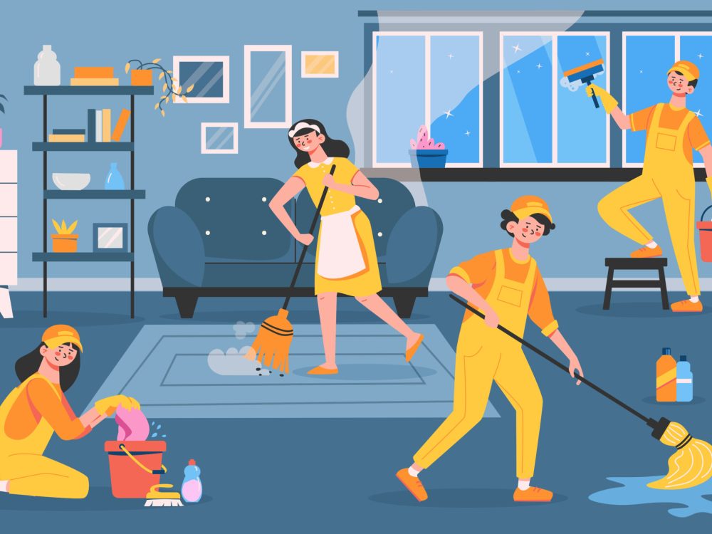 The cleaning service is actively working and cleans up the entire apartment at once flat vector illustration